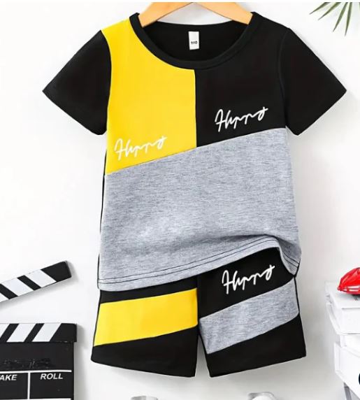 Multi ColorBlock Outfit Round Neck T-shirt & Shorts Kids Summer Clothes Set
