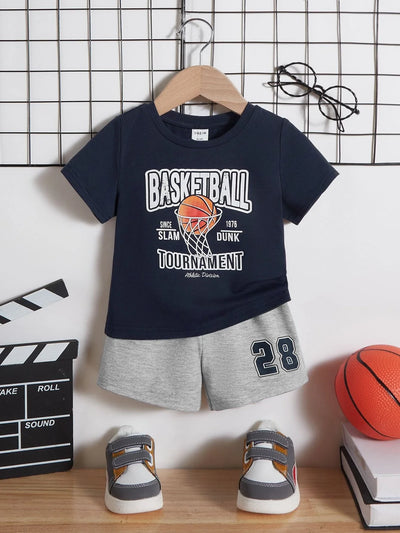 Boys "Basketball" Casual Outfit Round Neck T-shirt & Shorts Kids Summer Clothes Sets