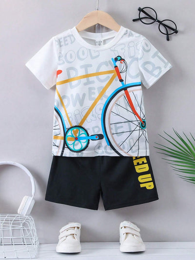 Boys "Bike & Letter" Casual Outfit Round Neck T-shirt & Shorts Kids Summer Clothes Sets