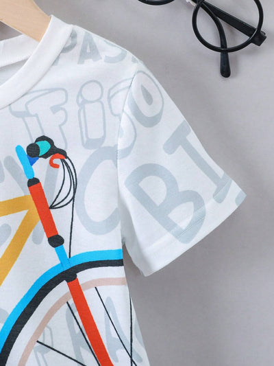 Boys "Bike & Letter" Casual Outfit Round Neck T-shirt & Shorts Kids Summer Clothes Sets